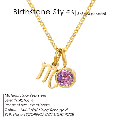 EManco - Birthstone Constellation Double Pendant Necklace, 12 Zircon Stainless Steel Jewelry, DIY Necklace.
