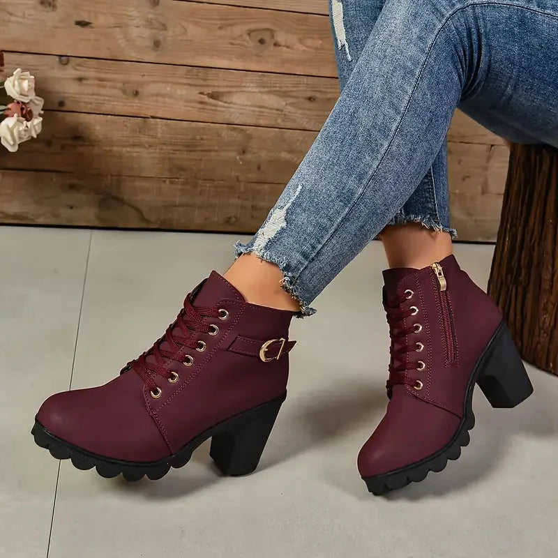 Women's Anti-slip Lace-up Boots, High Heel Shoes, Outdoor Fashion, High Quality, Autumn and Winter