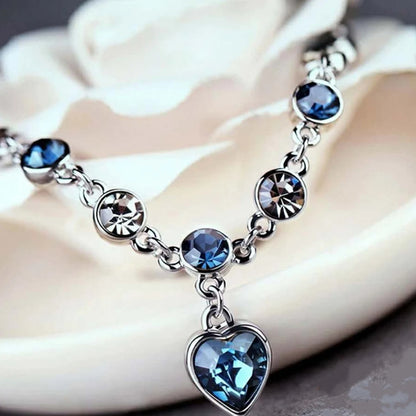 Pulsera de la suerte de Color plateado para mujer, Pulseras con dije de corazón de cristal azul para mujer, joyería fina de compromiso para boda y novia