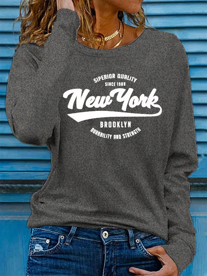 Camiseta 100% de algodón puro para mujer, camiseta holgada y cómoda con estampado de letras de NUEVA YORK, manga larga y cuello redondo, primavera y otoño
