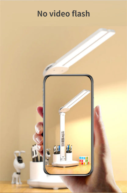 LED Desk Lamp, Dimmable Touch Folding Table Lamp with USB, Calendar, Temperature Clock, Night Light for Study, Reading Lamp