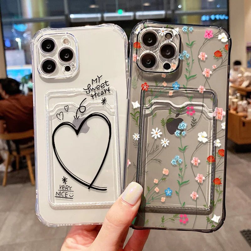 Funda de teléfono con soporte para tarjetas suaves para iPhone 13, 11, 16e, 15, 12, 14, 17, 16 Pro Max, 7 Plus, XR SE, funda transparente con flores estéticas