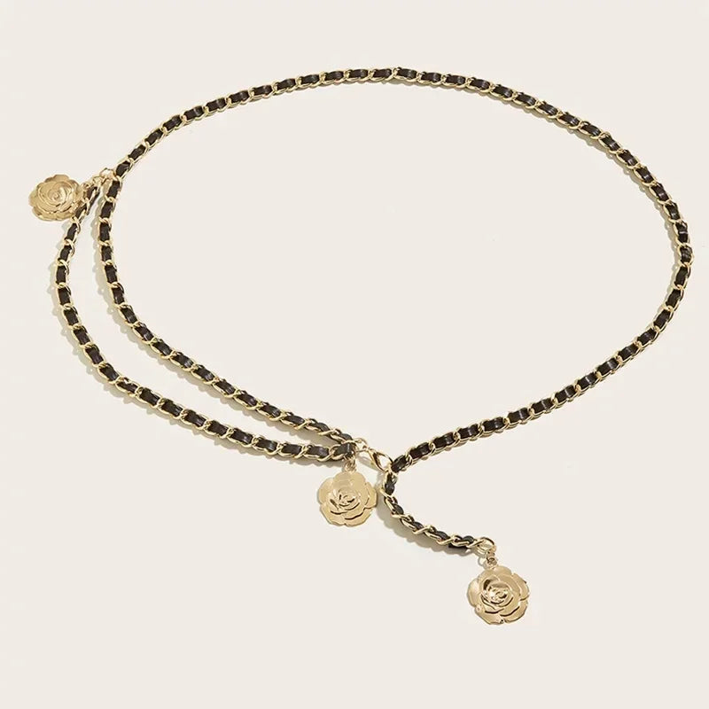 Cinturones de cadena de Metal de alta calidad para mujer, colgante de flor redonda, correa de cadena, cuerda, pretina fina para vestido, decoración de camisa.