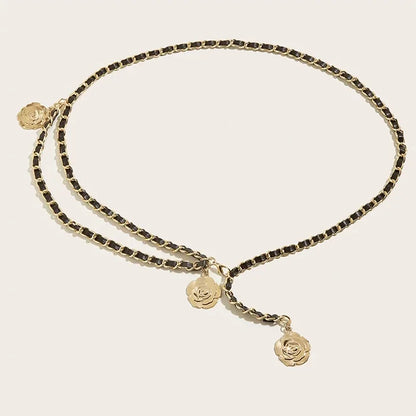 Cinturones de cadena de Metal de alta calidad para mujer, colgante de flor redonda, correa de cadena, cuerda, pretina fina para vestido, decoración de camisa.