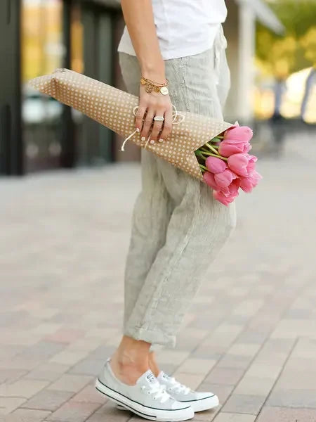 Women's Casual Linen Cotton Trousers, High Waisted Elastic Ankle-Length Solid Color Spring Summer Harem Pants with Pockets