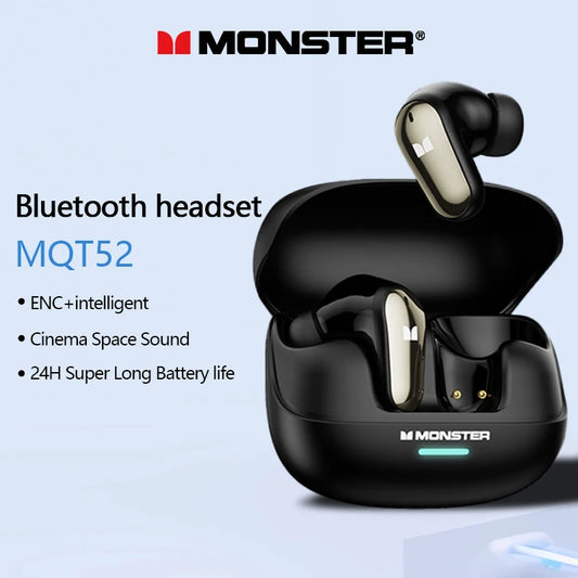 Monster MQT52 Wireless Earbuds with Bluetooth 5.4, Gaming Headphones with Long Battery Life, Dual-Mode HIFI Stereo Sound Earphones with Microphone