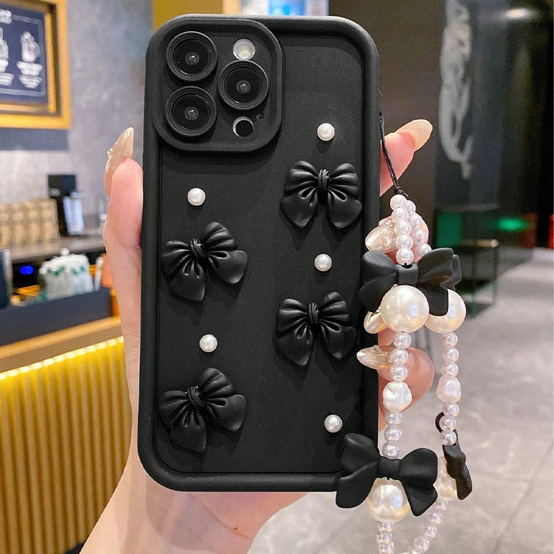Korean 3D Bowknot Silicone Phone Case for iPhone 16 17 Pro 15 14 13 12 11 Pro Max 16E 7 8 Plus with Lanyard Soft Cover