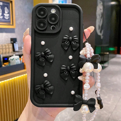 Korean 3D Bowknot Silicone Phone Case for iPhone 16 17 Pro 15 14 13 12 11 Pro Max 16E 7 8 Plus with Lanyard Soft Cover