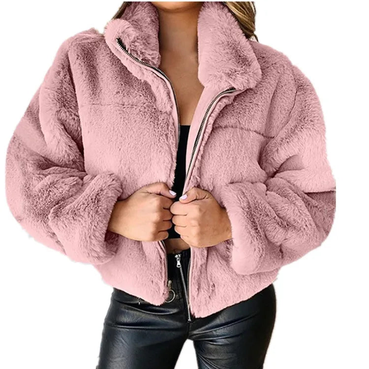 Women's warm winter jacket, zipper cardigan, faux fur, fashion, long sleeve, stand-up collar, plush coat for women