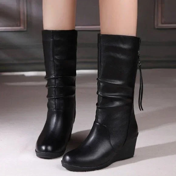 Botas de invierno para Mujer, Botas de nieve cálidas de felpa, Botas de tacón alto a media pantorrilla a la moda para Mujer, Botas de cuero de alta calidad para Mujer