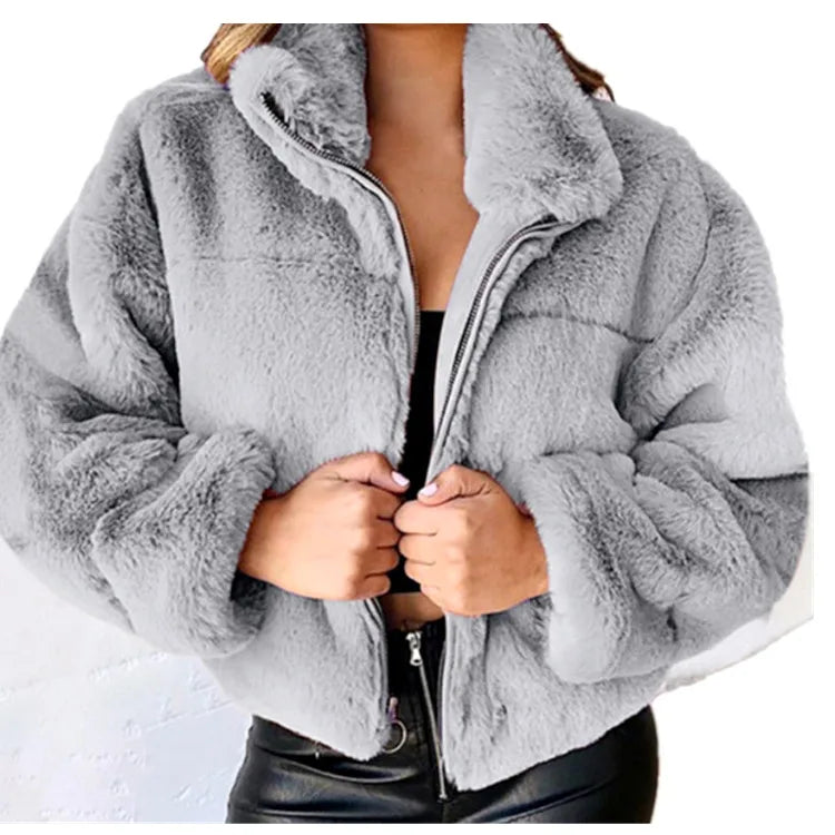 Women's warm winter jacket, zipper cardigan, faux fur, fashion, long sleeve, stand-up collar, plush coat for women