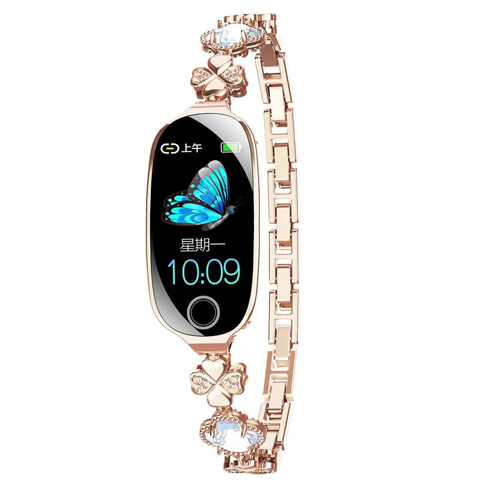 Reloj inteligente de moda para mujer con correa de caja de Metal llamadas Bluetooth recordatorio Menstrual femenino Monitor de presión arterial y frecuencia cardíaca