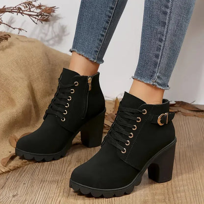 Women's Anti-slip Lace-up Boots, High Heel Shoes, Outdoor Fashion, High Quality, Autumn and Winter