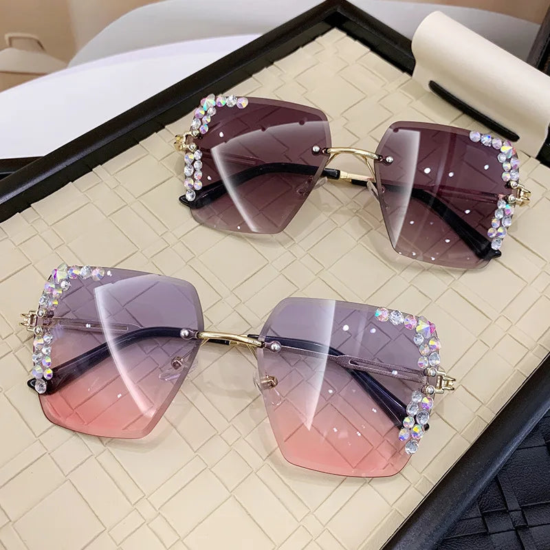 1 pair of trendy women's square rimless sunglasses with gradient lenses, crystal decoration, and metal material