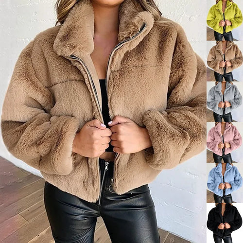 Women's warm winter jacket, zipper cardigan, faux fur, fashion, long sleeve, stand-up collar, plush coat for women