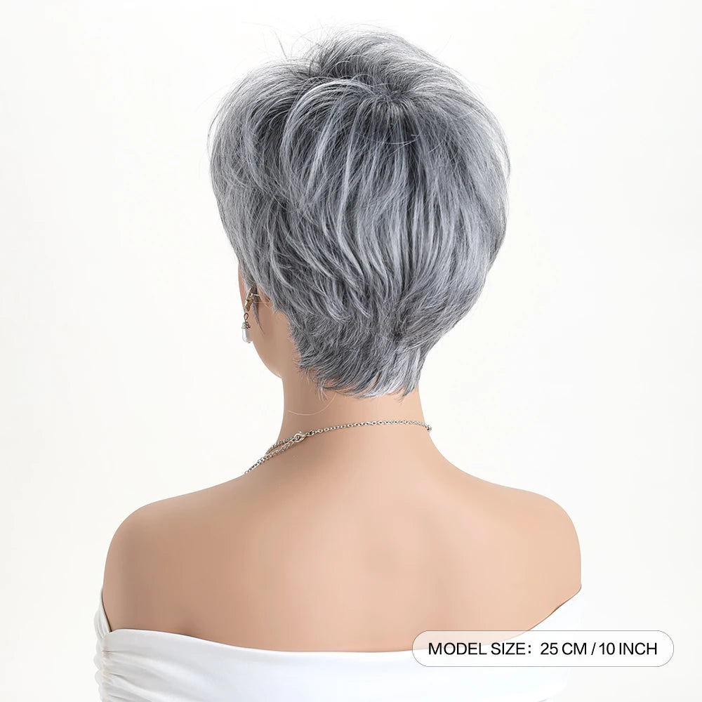 Short natural wigs with bangs, soft hair for mom, daily use, short gray ombre curly synthetic hair, costume party wig for women