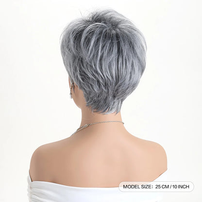 Short natural wigs with bangs, soft hair for mom, daily use, short gray ombre curly synthetic hair, costume party wig for women