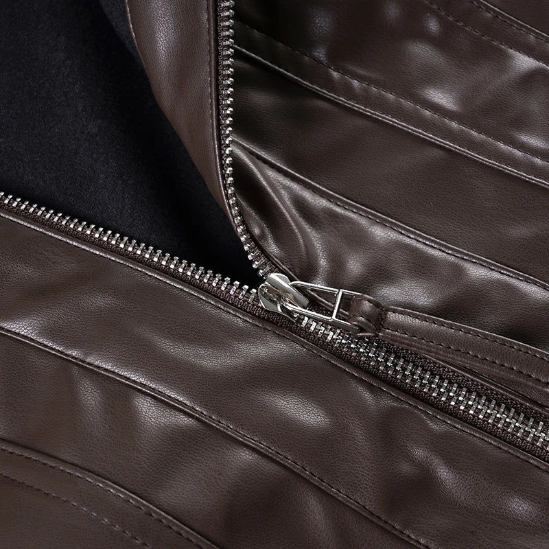 Chaqueta de cuero Pu estilo Safari con bolsillos ajustados, abrigos de manga larga con cremallera y cuello alto para mujer, ropa de calle Y2K para Otoño e Invierno 2025