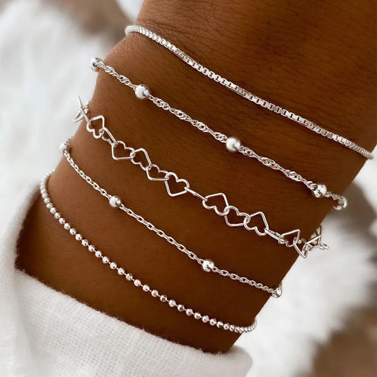 5Pcs/Set Exquisite Gold/Silver Color Thin Heart Chain Bracelets for Women Daily Wear Jewelry Accessories