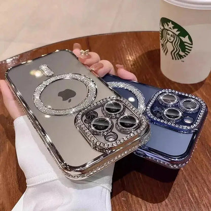 Funda de película de lente de cristal ostentoso de lujo para iPhone 15 16 11 12 13 14 Pro Max 16 Plus Magsafe cubierta transparente de carga inalámbrica magnética