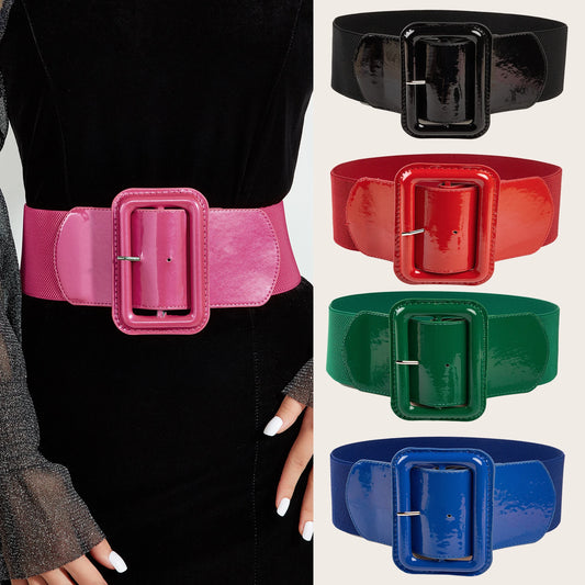 Wide Belt with Rectangular Buckle for Women, Versatile Vintage Elastic Waistband, Casual Decorative Sash for Daily Dress