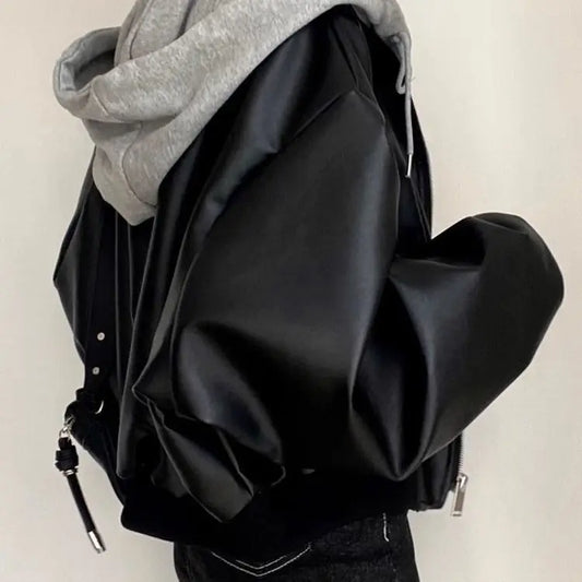 High-End Korean Black PU Leather Jacket for Women, Loose Fashion Hooded for Spring and Autumn, Versatile Fake Two-Piece Zipper Outerwear
