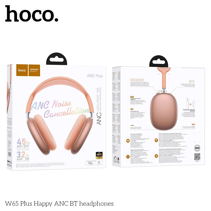 HOCO W65 Plus ANC auriculares Bluetooth con reducción de ruido sobre la oreja auriculares inalámbricos grandes sonidos de alta fidelidad auriculares deportivos con botón