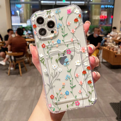 Funda de teléfono con soporte para tarjetas suaves para iPhone 13, 11, 16e, 15, 12, 14, 17, 16 Pro Max, 7 Plus, XR SE, funda transparente con flores estéticas