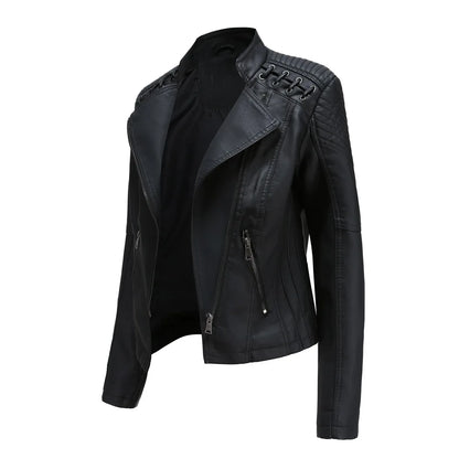 Chaqueta de cuero sintético para mujer, abrigo corto ajustado con cuello levantado y cremallera, ropa de calle para motorista, novedad de primavera y otoño.
