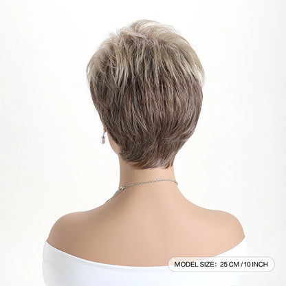 Short natural wigs with bangs, soft hair for mom, daily use, short gray ombre curly synthetic hair, costume party wig for women