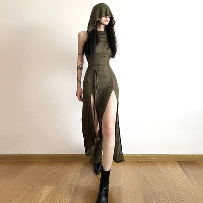Verano Sexy estilo europeo y americano sin mangas vestido con capucha largo dividido ahueca hacia fuera el vestido de las mujeres de Color puro