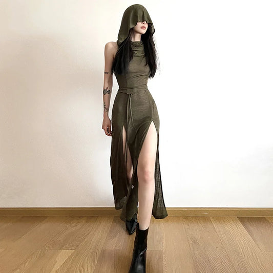 European and American Style Sexy Summer Sleeveless Hooded Long Split Hollow Out Pure Color Women's Dress