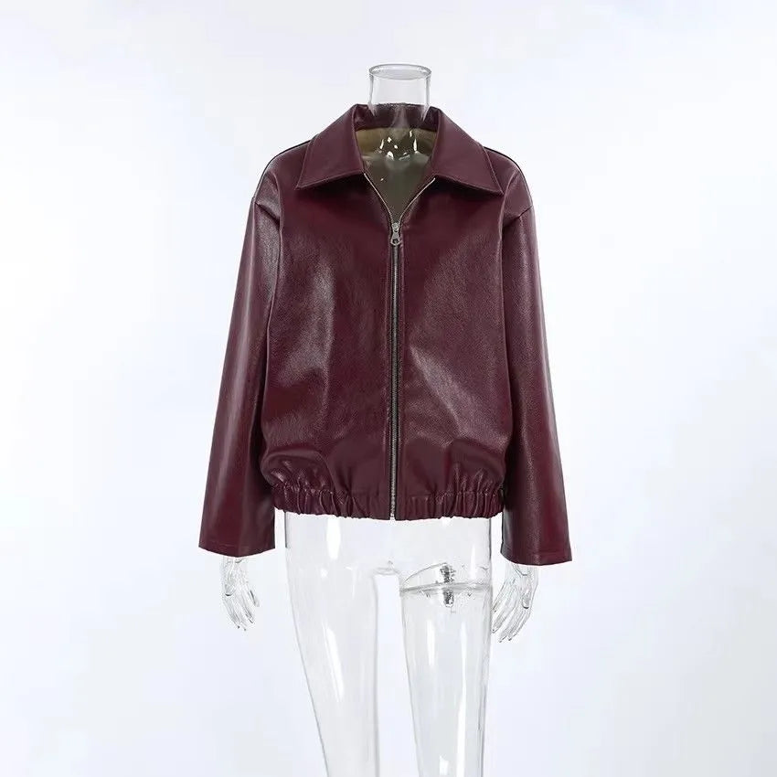 Otoño Invierno chaqueta de cuero Retro 2026 nueva chaqueta de cuero Pu para mujer solapa corta motocicleta abrigo suelto mujer abrigo de cuero de motorista