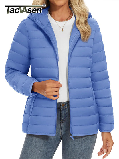 TACVASEN Chaqueta acolchada con capucha y cremallera completa para mujer, abrigos cálidos acolchados de invierno, cortavientos informal, prendas de vestir ligeras acolchadas para exteriores