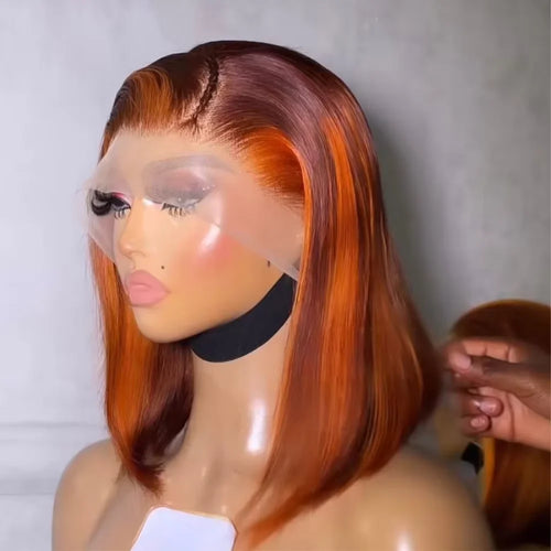 13x4 Straight Lace Front Bob Wig, 100% Human Hair, Silky Ginger Orange, 200% Density, with P4-350 Orange Highlights, Pre-Plucked