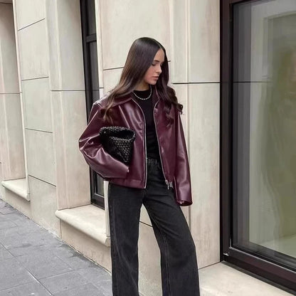 Otoño Invierno chaqueta de cuero Retro 2026 nueva chaqueta de cuero Pu para mujer solapa corta motocicleta abrigo suelto mujer abrigo de cuero de motorista
