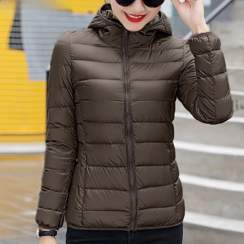 New Women's Hooded Down Jacket, Short, Thick, Warm, Casual, Lightweight, Korean Style, Simple Design
