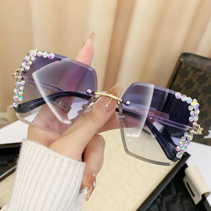 1 pair of trendy women's square rimless sunglasses with gradient lenses, crystal decoration, and metal material
