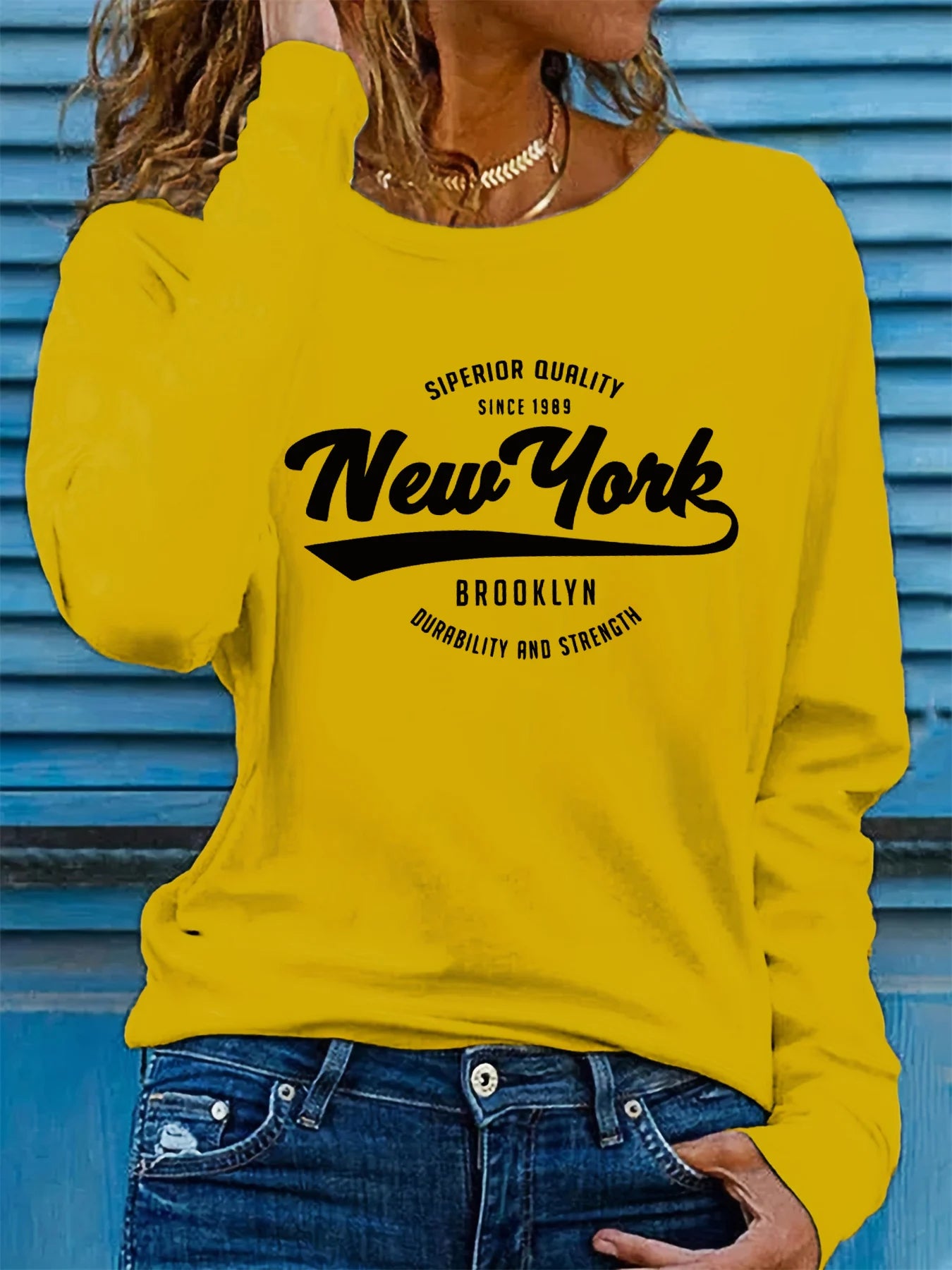 Camiseta 100% de algodón puro para mujer, camiseta holgada y cómoda con estampado de letras de NUEVA YORK, manga larga y cuello redondo, primavera y otoño