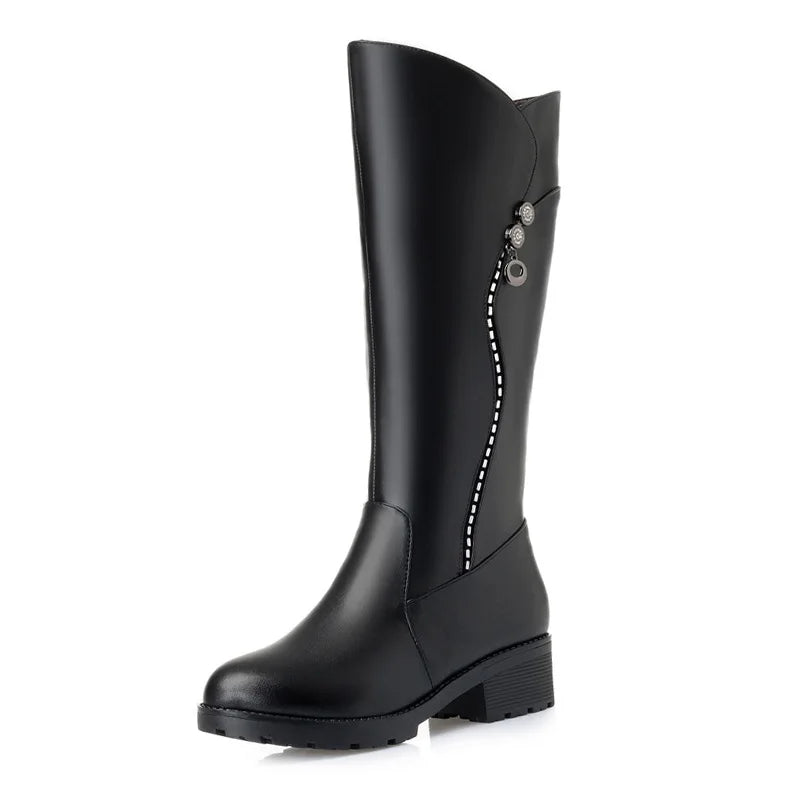 WOIZGIC Women's Genuine Leather Boots, Wool Platform Snow Plush Fur Warm Winter Mid-heel Zipper Plus Size 42 43