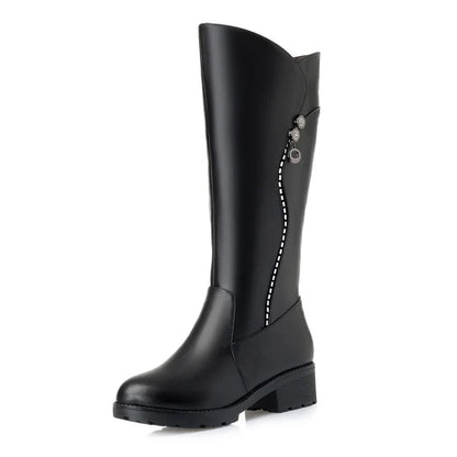 WOIZGIC Women's Genuine Leather Boots, Wool Platform Snow Plush Fur Warm Winter Mid-heel Zipper Plus Size 42 43