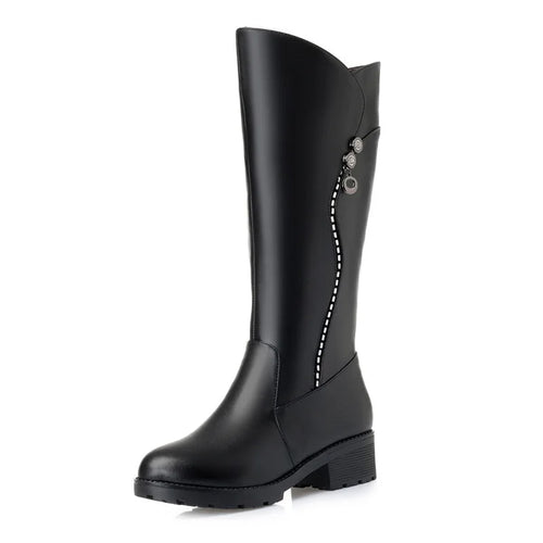 WOIZGIC Women's Genuine Leather Boots, Wool Platform Snow Plush Fur Warm Winter Mid-heel Zipper Plus Size 42 43