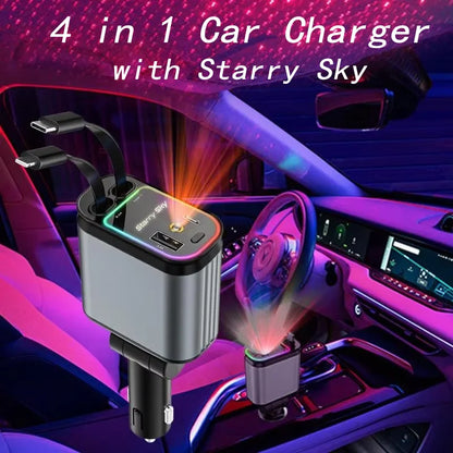 ZRGAE 4-in-1 Car Charger with Starry Sky Projector, Retractable Car Charger with Charging Cable and 2 Universal Charging Ports