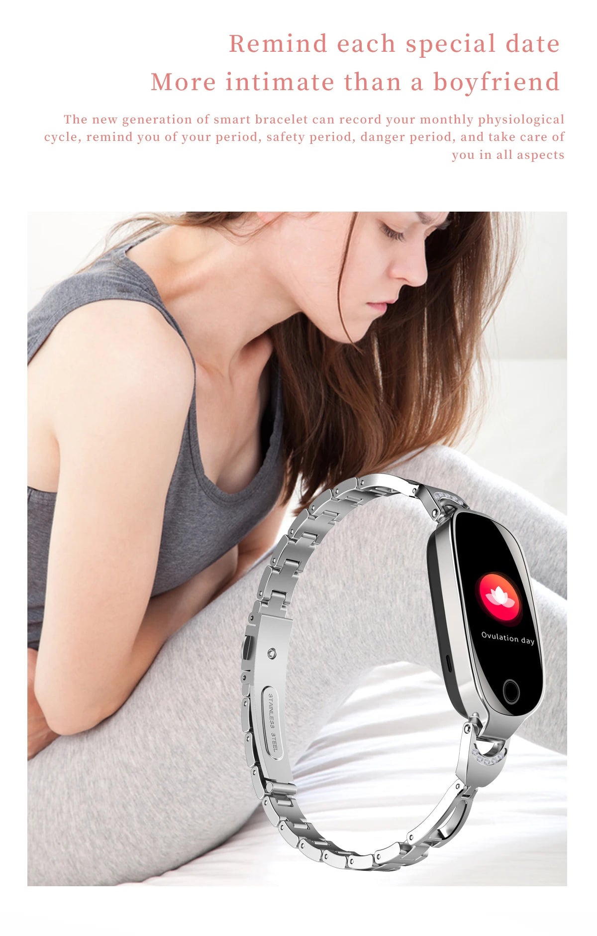 Reloj inteligente de moda para mujer con correa de caja de Metal llamadas Bluetooth recordatorio Menstrual femenino Monitor de presión arterial y frecuencia cardíaca