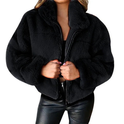 Women's warm winter jacket, zipper cardigan, faux fur, fashion, long sleeve, stand-up collar, plush coat for women