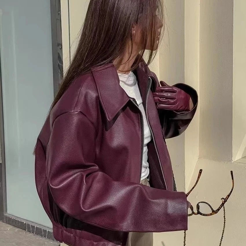 Otoño Invierno chaqueta de cuero Retro 2026 nueva chaqueta de cuero Pu para mujer solapa corta motocicleta abrigo suelto mujer abrigo de cuero de motorista