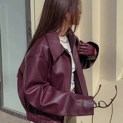 Otoño Invierno chaqueta de cuero Retro 2026 nueva chaqueta de cuero Pu para mujer solapa corta motocicleta abrigo suelto mujer abrigo de cuero de motorista