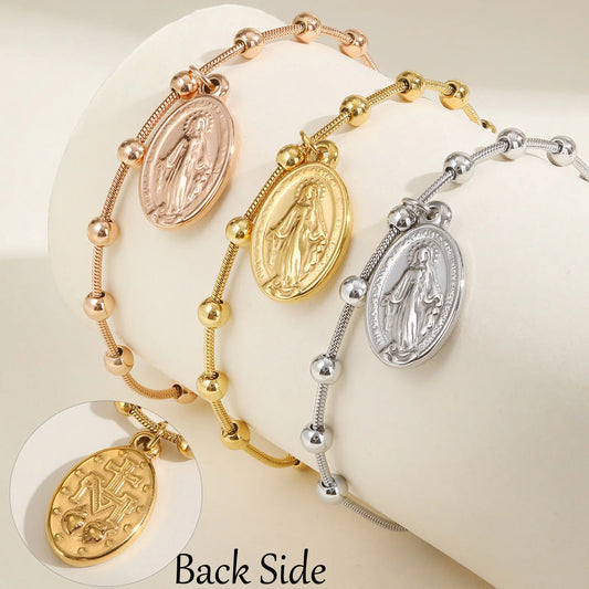 Vnox Women's and Girls' Rosary Bracelet, Virgin Mary Prayer Bracelet, Gold Plated Stainless Steel Religious Cross, Gifts