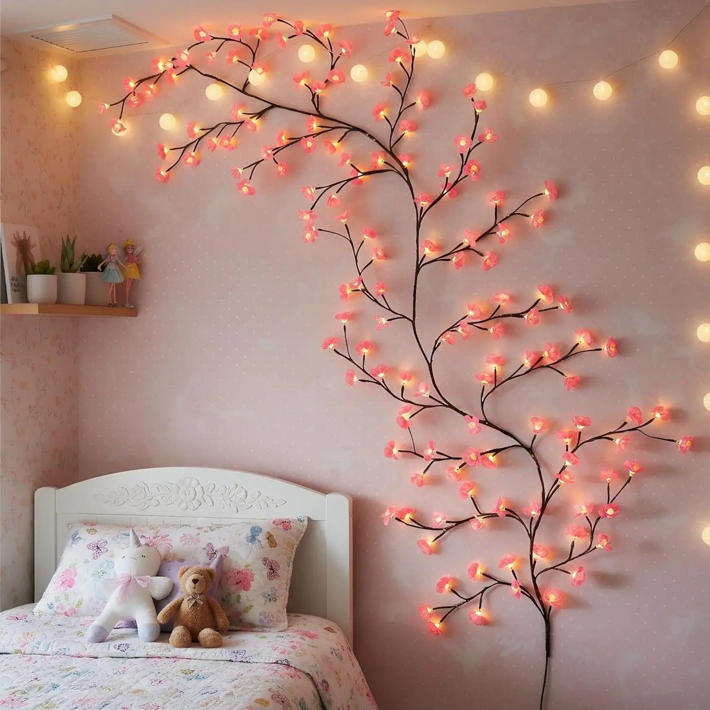 USB Wall Mounted LED Branch Lights, Cherry Blossom Vine Lights, 72 LED, 8 Modes for Indoor Holiday Decoration, Walls, Doors, and Windows
