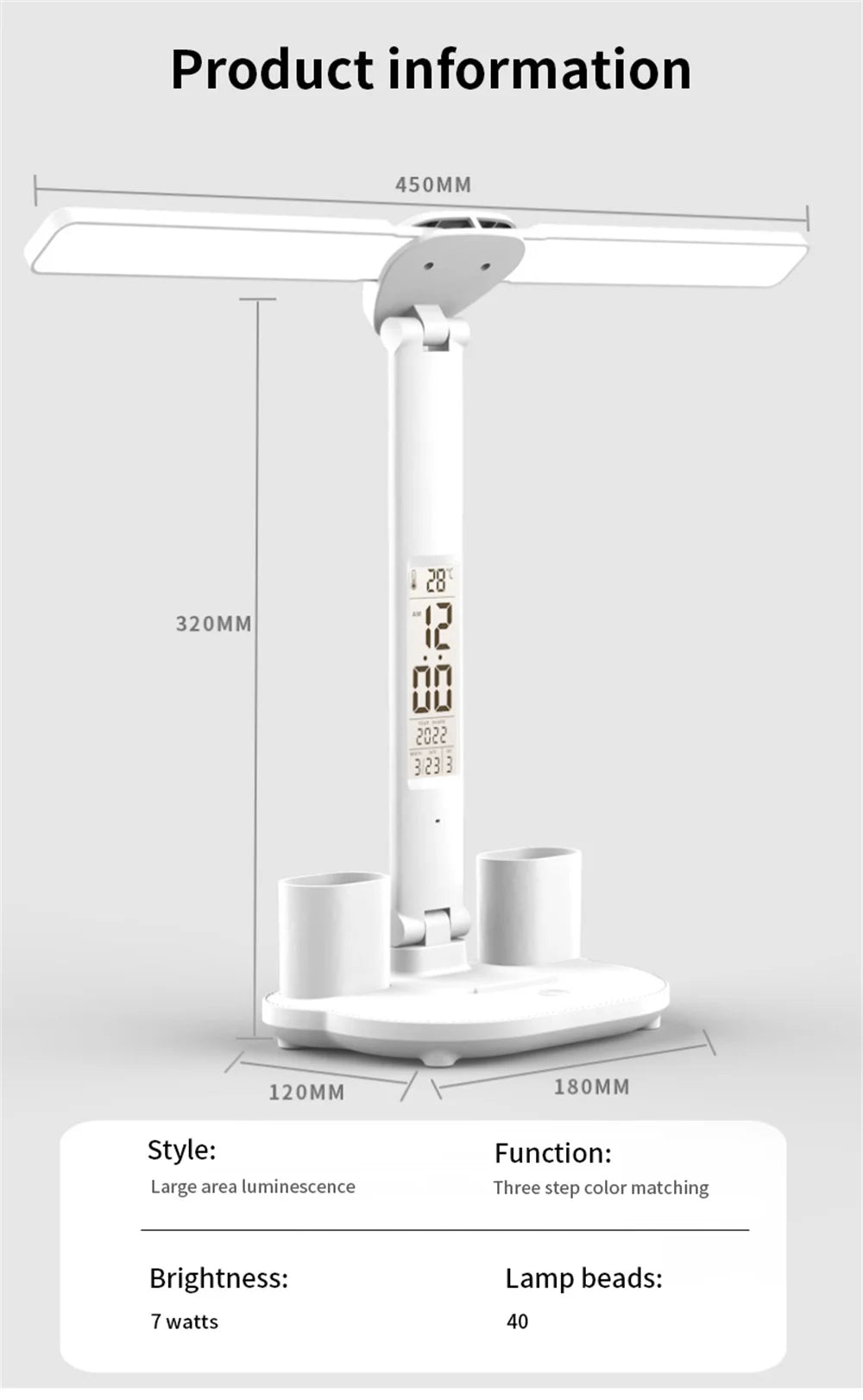 LED Desk Lamp, Dimmable Touch Folding Table Lamp with USB, Calendar, Temperature Clock, Night Light for Study, Reading Lamp
